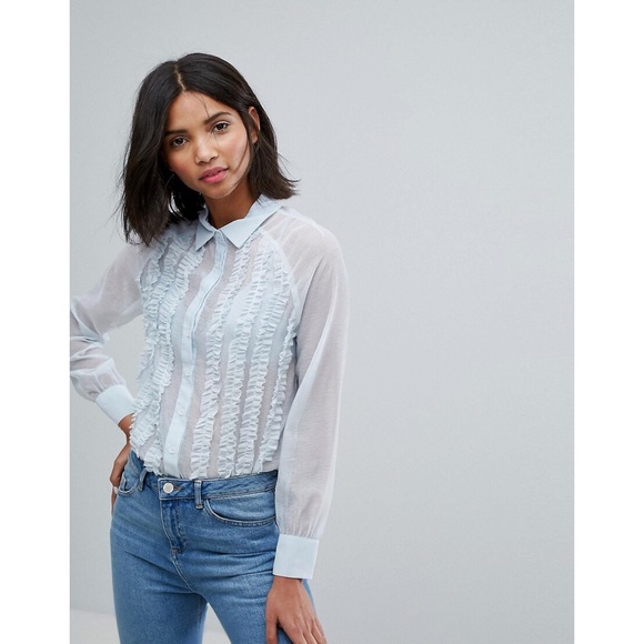 ASOS Lost Ink Blue Chiffon Shirt With Frills - Picture 1 of 15